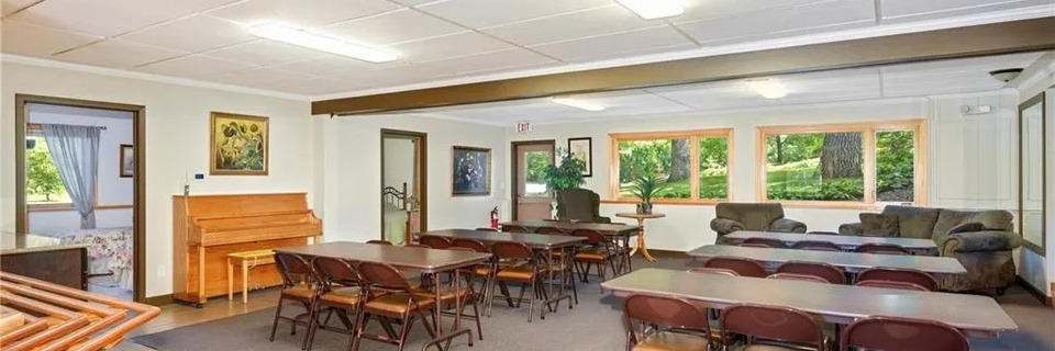 The fellowship hall at Bethlehem Telephone Sanitarium, set up for community gathering